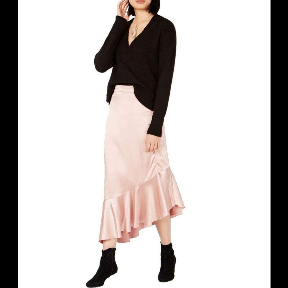 Bar lll Pink Satin Ruffle Hem Midi Skirt